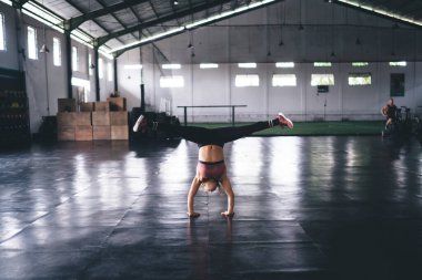 Dayanıklı vücut egzersizi yapan beyaz kadın akrobat. Antrenman sırasında denge, aktif giyimde kararlı spor yapan kadın. Spor salonunda sabah enerjisini kullanarak beden eğitimi alıyor.
