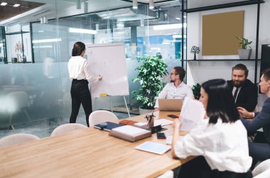 Beyaz tahtanın yanında duran ve modern toplantı odasında çalışırken keçeli kalemle not alan ve iş stratejisini iş arkadaşlarıyla paylaşan resmi kıyafetli kadın girişimci.