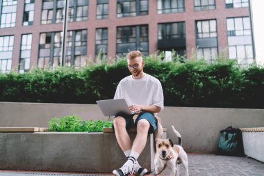 Sokakta uzaktan çalışırken dizüstü bilgisayarı kullanarak ve ekran bankacılığına bakarak günlük kıyafetli ve gözlüklü gülümseyen serbest yazar.