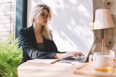 Gözlüklü sarışın girişimci, sosyal ağlardaki gazetecilik web sayfasına göz atmak için dizüstü bilgisayar kullanıyor. Netbook 'ta 4G internete bağlanan akıllı günlük kıyafet giyen yetenekli bir kadın. Serbest meslek.