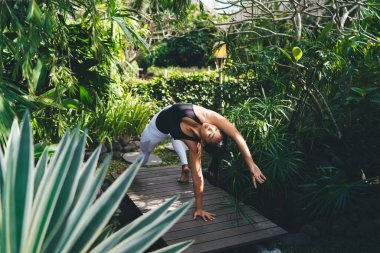 Vahşi ortamda yoga yapan Asyalı kız dışarıda poz veriyor. Uyum ve akıl sağlığı. Gözleri kapalı, spor giyimli ve tropik bahçedeki tahta köprüde yalınayak gezen genç bir kadın. Bali adası