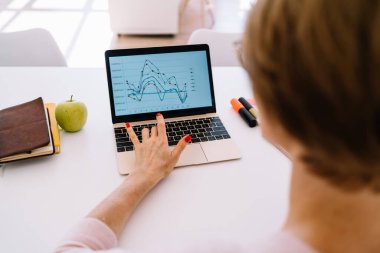 Not defterleri ve elma meyveleriyle masada otururken bilgisayarın ekranını gösteren isimsiz bir kadının arka plan görüntüsü