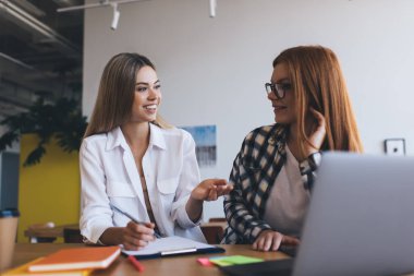 Uzun saçlı, günlük giysiler giyen, iş projesinden bahseden ve güncel çalışma ortamında netbook ve kırtasiyeyle masaya otururken not alan mutlu bayan meslektaşlar.