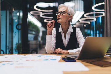Resmi olarak gri saçlı, düşünceli üst düzey yönetici kadın proje konularını düşünürken ofiste internet defteri ve kağıtlarla masa başında oturuyor.