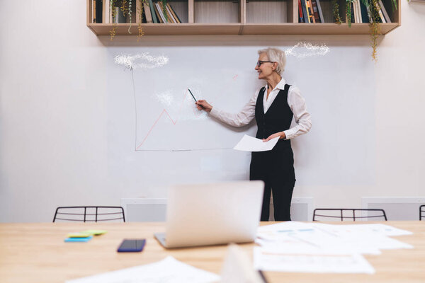 Focused elderly businesswoman standing and explaining company strategy plans of growth while pointing at paper with light reflecting on markings pasted on wall in meeting room at office