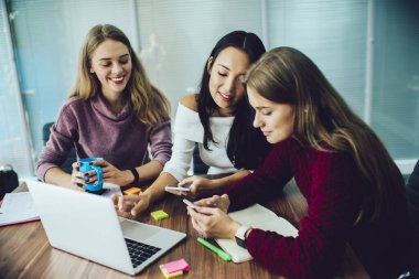 Netbook beyin fırtınası yapan ve cep telefonu kullanan çok ırklı kadın ofis çalışanlarından oluşan bir ekip.