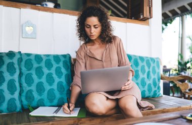 Dijital dizüstü bilgisayarı olan, modern netbook teknolojisine sahip Kafkasyalı kadın, not defteriyle örgüt fikirleri yazan, dijital dizüstü bilgisayarlı serbest çalışan, planlayıcı ders kitabında bilgilendirici notlar alan