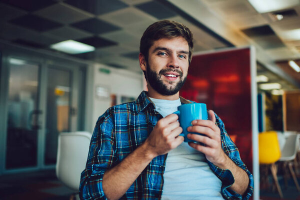 Positive Male Office Worker Blue Plain Shirt Mug Hot Beverage Royalty Free Stock Images