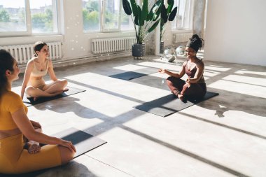 Nilüfer çiçekli spor salonundaki yoga sırasında paspasların üzerinde oturan çeşitli bayan sporcuların yan görüntüsü