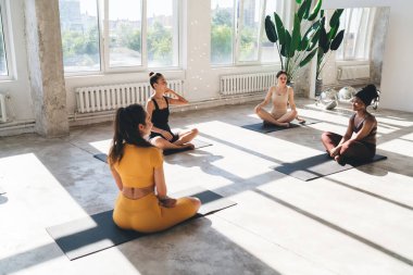 Aktif giyimli, Lotus pozisyonunda minderlerin üzerinde oturan ve sabah saatlerinde geniş ışık stüdyosunda yoga yapan çok ırklı bayan sporcular.