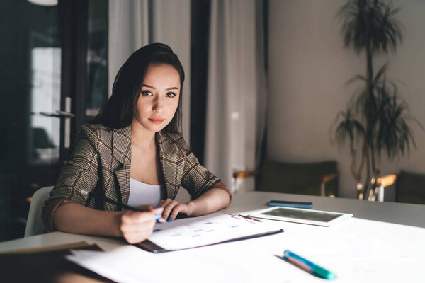 Confident Female Employee Dark Long Hair Casual Outfit Sitting Table Royalty Free Stock Photos