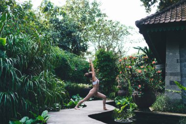 Endonezya 'da tatillerde vücut kaslarını geren modaya uygun, zayıf, beyaz, formalı, formalı bir kızın yan görünüşü. Spor giyim kuşamında genç bir kadın yoga eğitiminin keyfini çıkarıyor.