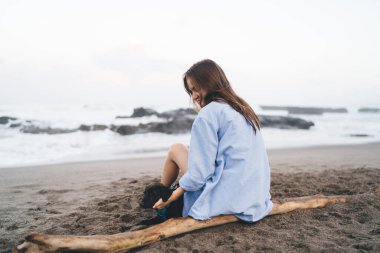 Genç bir bayanın kumlu sahilde tahta kütüğün üzerinde oturduğunu deniz kenarında sallanırken ve gün boyunca kara köpekle oynarken görüntüsü bulanık gökyüzüne karşı.