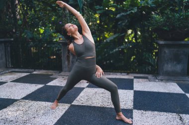 İnce, genç bir kadının ters savaşçı pozunda duruşu ve ters bacağa arkadan dokunuşu gün ışığında yeşil parkta yoga yaparken.