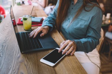 Dizüstü bilgisayarı ve akıllı telefonu olan isimsiz bir kadın. Elinde meyve suyu dolu bir günlük defteriyle ahşap masada oturuyor. Ve kafeye yazılım uygulaması hazırlıyor.