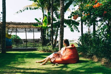 Yeşil ağaçların ve çalıların yanındaki çanta sandalyesinde oturan ve yaz tatili boyunca dizüstü bilgisayarında internette sörf yapan çıplak ayaklı kadın.