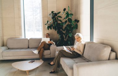 Tüm vücudu kanepede diyagramlarla dinlenen ve cep telefonlarını karıştıran yaşlı bir kadın. Ekrana bakarken ve masada dizüstü bilgisayarı olan, ofiste not defteri olan yaşlı bir erkekle çalışırken.