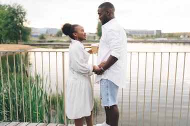 Siyahi bir kadının, yakışıklı Afrikalı Amerikalı erkek arkadaşının elini tutarken kenarda, göl kıyısında buluşmasını izlemesi.