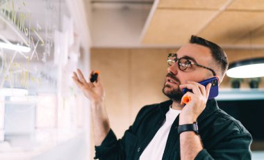 Gözlüklü, rahat giyimli, akıllı telefonuyla konuşan ve modern çalışma alanındaki cam panoya bakarken yeni iş stratejisini tartışan kendine güvenen sakallı adam.