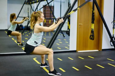 Çağdaş fitness merkezinde TRX süspansiyon kayışları ile çömelme hareketleri yapan spor giyimli güçlü bir kadın.