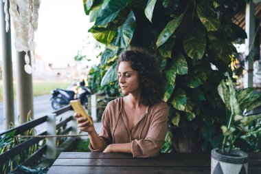 Kadın blogcu modern cep telefonu aygıtından sosyal medyayı boş zamanlarında kullanmak için 4g internet kullanan bir e-posta aldı, akıllı telefon sohbeti sırasında gülümseyen genç hippi kız web sayfasında