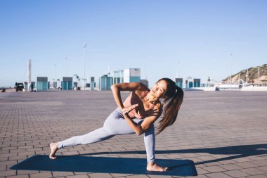 Aktif eşofmanlı, esnek ve formda bir genç kız. Esneme ve denge egzersizi yapıyor. namaste asana 'da Asyalı kadın antrenör.