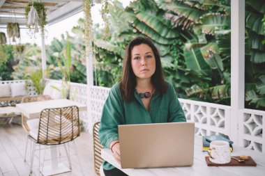 Modern laptop teknolojisi olan genç beyaz programcının portresi. Uzaktan kumanda için kameraya bakıyor. Yazılım geliştirme üzerine çalışıyor.