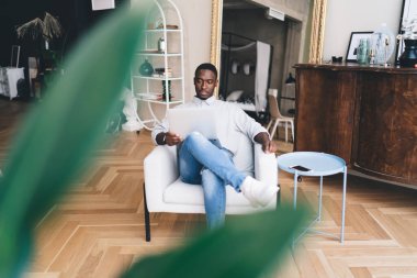 Afro-Amerikan sakallı erkek blogcunun bulanık yeşil yaprakları arasında dizüstü bilgisayar ekranına bakarken ve evdeki rahat odada blog okurken bacak bacak bacak üstüne atmış bir şekilde kanepede dinlenen