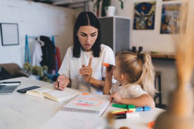 Mutsuz genç bir bayan, anne evde çalışırken çizim defterine çizim yapan iyi halden anlayan kız çocuğuna uyarı işareti yapıyor.