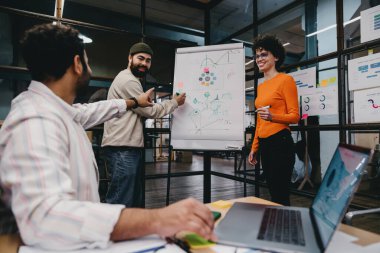 Neşeli erkek ve bayan meslektaşlar, modern çalışma ortamında çalışırken dizüstü bilgisayarla masada oturan erkek işçiyle birlikte projenin detaylarını incelerken,
