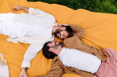 Gülümseyen, sakallı genç bir çiftin, rahat bir battaniyeye uzanmış, gündüzleri parkta dinlenirken romantik bir buluşmanın keyfini çıkarması.