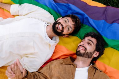 Yeşil parktaki LGBT bayrağında gün ışığında el ele tutuşup rahatlarken gündelik giysiler içinde gülümseyen genç, sakallı eşcinsel çiftin üst görüntüsü.