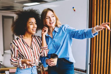 Eğleniyor birlikte modern ofiste işbirliği ise genç akıllı iyi görünümlü kadın iş arkadaşları. Başarılı hipster kızlar erkek partner dizüstü bilgisayarda çalışma sırasında kapalı gülüyor