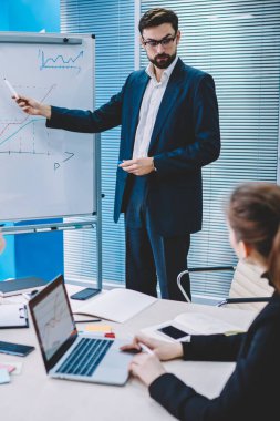 Office perspektif işçilerin iş toplantı adlı grup, profesyonel ortaklar şirketin geleceği ile ilgili sunu katılıyor Yöneticisi zamanlama ve rakamlar etkili sonuçlar için planı gösterir