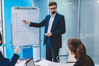 Office perspektif işçilerin iş toplantı adlı grup, profesyonel ortaklar şirketin geleceği ile ilgili sunu katılıyor Yöneticisi zamanlama ve rakamlar etkili sonuçlar için planı gösterir