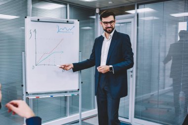 İşadamı gelir, etkili ve üretken flip grafik ile bir brifing sırasında işlem yapmak için yeni yöntemler hakkında düşünme müreffeh erkek girişimciler artırmak için yeni ilginç fikirleri var