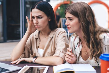 Özel ders için webinar videosu izleyen kafası karışmış kadınlar ve eğitim için düzenlenen beyin fırtınası toplantısında kaldırım kafeteryasında öğrenim gören beyaz kız öğrenciler üniversite sınavlarına hazırlanıyor.