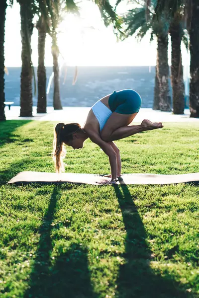 Kafkasyalı kadın Asana 'yı elleriyle yapıyor. Vücut gücünü korumaya odaklanıyor. Yoga eğitiminden zevk alan kadın.