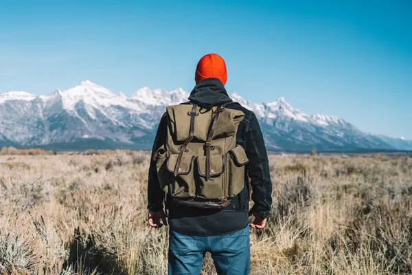Erkek Gezgin Dağı'nda seyir Arkadan Görünüm alanı en fazla, hipster adam wander yolculuk vahşi ortamda hiking ABD güzel doğasını keşfetmek sırt çantası ile ulaşmak hazır tutuyoruz doruklarına