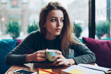 Çekici kadın yazar içeride yeni bir makale yaratırken düşünceli bakışlar attı. Hippi kız en sevdiği kafeteryada dinleniyor ve sabah kahvesinin tadını çıkarıyor. Yayınlamayı düşünüyor.