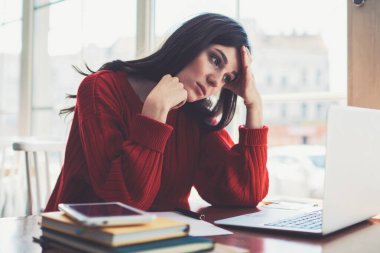 Endişeli kadın serbest çalışanın evde dizüstü bilgisayarla sorunu var, ciddi hippi kız kafeteryadaki son teslim tarihinden dolayı kötü hissediyor, netbook 'ta önemli webinar' ları izleyen kafası karışmış kadın.