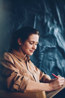 Yaratıcı öğrenci alan coworking içinde boş perde ile modern dizüstü cihaz oturan defter metin bilgileri yazma. Dalgın kadın blogger fikirler netbook çalışma Not Defteri'nde belirterek