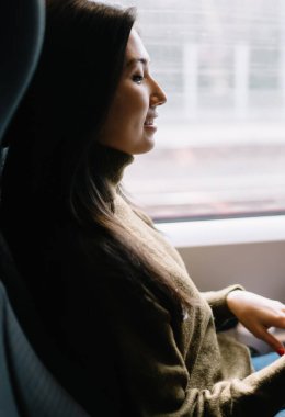 Yolculuk sırasında uzaktan çalışan pozitif Asyalı kadın gazeteci trende defter tutan web sayfası yayınını düşünüyor, modern tren araştırmaları için dizüstü bilgisayar kullanan pozitif kadın.