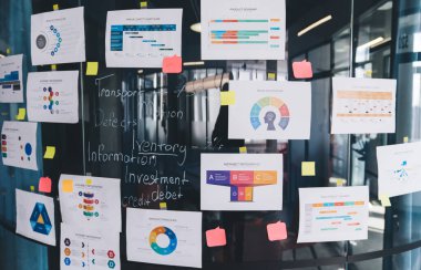 İş stratejisi planlaması için gerekli mali bilgilere sahip kağıt belgeleri olan cam tahtaya seçici odaklanma, ofis yatırımları için grafik grafikli atölye çalışması konsepti