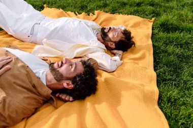 Yukardan gelen erkek aşıklar günlük giysiler giyip yeşil çimlerin üzerinde uyur ve doğada romantik bir anda dinlenirler.