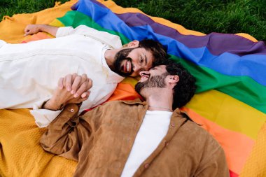 Yeşil parktaki gökkuşağı bayrağında rahatlarken ve el ele tutuşurken sıradan giysiler içinde birbirine bakan mutlu, genç, sakallı eşcinsel çiftin üst görüntüsü.