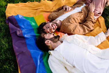 Yukardan, yeşil çimlerde LGBT gökkuşağı bayrağıyla battaniyeye uzanan ve birlikte eğlenirken birbirlerine bakan, gündelik kıyafetlerle genç eşcinsel çiftten.