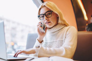 Kafe içinde öğrenim sırasında telefonla arayan ciddi kadın öğrenci portresi, internet üzerinden işlem yaptıktan sonra cep telefonuyla konuşan bankacılık dengesini kontrol eden serbest çalışan kadın.