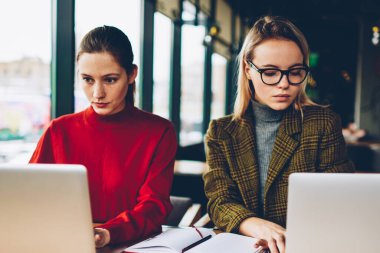 Dizüstü bilgisayarda kablosuz 4 g için bağlı çalışan kadın grafik tasarımcıları konsantre Internet üzerinde serbest coworking. Dalgın iki akıllı öğrenciler netbook'lar üzerinde web sitelerinde bilgi arama