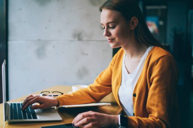 Konsantre olmuş kız öğrenci, kafede ders almak için vakit harcıyor netbook ile masada oturuyor, genç ciddi bir kadın bilgisayarında bilgi arıyor ücretsiz yüksek hızlı interneti kapalı alanda kullanıyor.